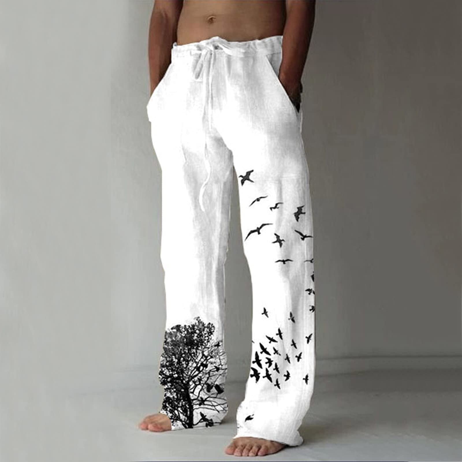 Caribbean Men's Solid 100% Linen Cargo Flat Front Drawstring Pants in  Natural | eBay